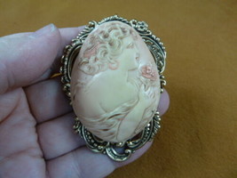 (CL3-8) Ethereal Lady Ivory pink CAMEO brass Pin Brooch pendant Beautiful woman - £30.72 GBP
