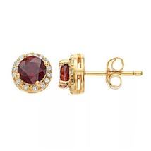14K Yellow Gold Plated Simulated Ruby &amp; Diamond Halo Stud Earrings 0.80 CT - £51.70 GBP