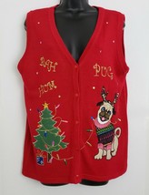 Holiday Time Red Sweater Vest Pug Dog Bah Hum Sequins Christmas Size L/G 12-14 - £31.11 GBP