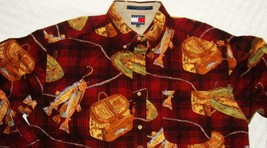 Vtg 90s Tommy Hilfiger Fly Fishing Long Sleeve Button Down Shirt Red Plaid LG - £14.33 GBP