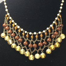 Beaded Bib Dangle Necklace Brown and Yellow Glass Beads 17&quot; - 20&quot; Autumn Colors - £16.79 GBP