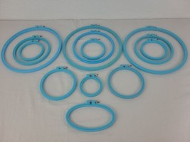 Embroidery Hoop Set 13 Blue Plastic Screw Round Oval 3 4 5 6 7 10 Inch USA Vtg - £29.05 GBP
