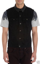 J Brand USA Mens L Leather Collar Black Wash Denim Jean Trucker Jacket Vest - £37.25 GBP