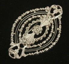 Marcasite Pin Brooch Rhodium Plate Oval with Black Enamel  2.5 inches Long - £12.49 GBP