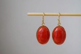 Orange Jade Earrings Gold, Oval Gemstone Hanging Earrings, Orange Pendant, Dangl - $32.90