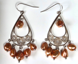 Vintage Signed DQ 925 Sterling Silver Pearl Chandelier Dangle Hook Earrings - $64.35