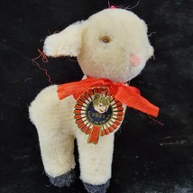 Mohair Lamb Wool Ornament Plush 4.5&quot; Red Ribbon Sheep Easter Christmas - $10.42