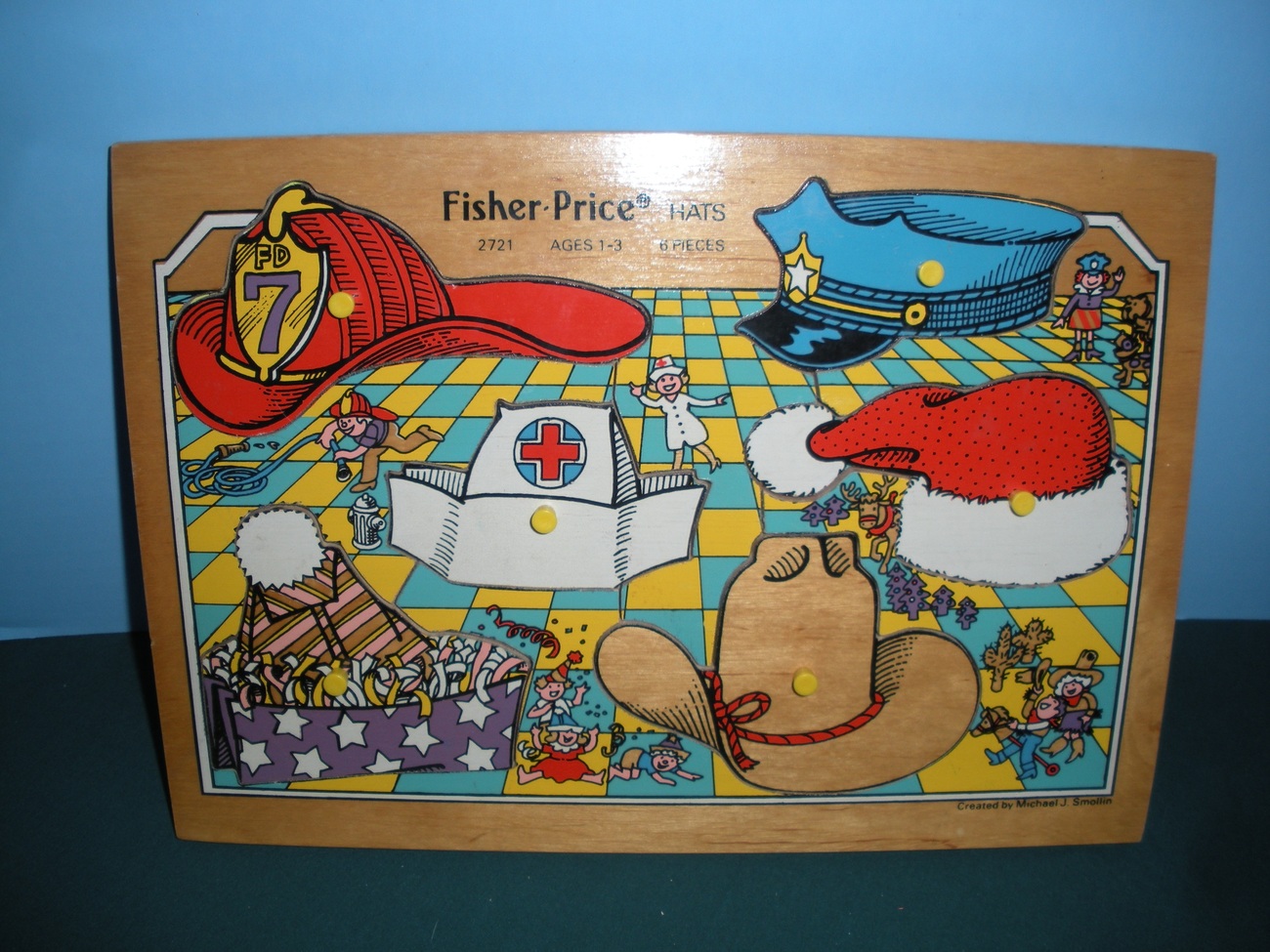Vintage Fisher Price Pick Up 'N Peek #2721 Hats Wooden Puzzle Near Mint! (A) - $28.99