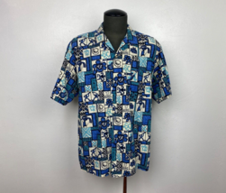 Vintage Mens Hawaiian Shirt XL-2XL Blue Geometric Cotton Floral Beach Bum Party - £31.26 GBP