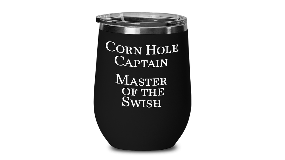 Corn Hole Player Wine Tumbler Gift for Back Yard Games Master Travel Cup Champ