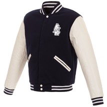 MLB Chicago Cubs Reversible Fleece Jacket PVC Sleeves Vintage Logos Navy White - £95.56 GBP