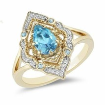 1.10ct Pear Simulated Blue Topaz &amp; Diamond Aladdin Ring 14k Yellow Gold Plated - £113.38 GBP