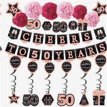 Golden Jubilee Celebration Kit - Sparkling Rose Gold Banner, Paper Poms, Hanging - $49.49