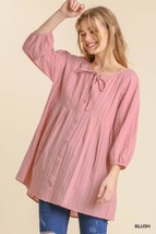 Umgee Women&#39;s Small 3/4 Sleeve Button Down Pleated Tunic Dress High Low Pink - £26.89 GBP