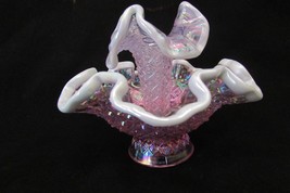 Fenton Mini Epergne Iridized Diamond Lace Pink Snow Crest Single Horn VTG - £150.01 GBP