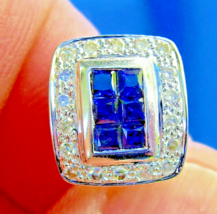 Earth mined Diamond Sapphire Deco Earrings Vintage Style Geometric Stud 14k Gold - £1,502.79 GBP