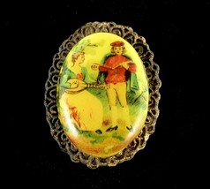 Celluloid COURTING SCENE PIN Vintage Brooch Oval Yellow Plastic Goldtone 1 3/4&quot; - £13.44 GBP