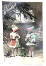 Antique Tinted Colored  Merry Christmas PC Little Girls &amp; Dolls Made in Germany - £9.45 GBP