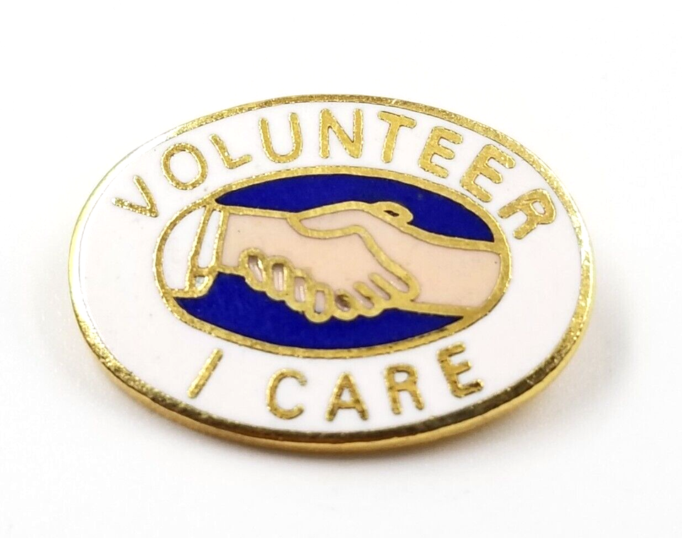 VTG I Care Volunteer Shaking Hands Oval Gold Tone Blue White Enamel Pin ... - $9.99