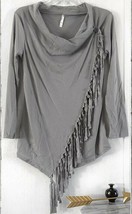 New Boutique Gray Asymmetric Fringe Cardigan Faux Wrap Cowl Button Long Sleeve S - £15.81 GBP