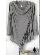 New Boutique Gray Asymmetric Fringe Cardigan Faux Wrap Cowl Button Long ... - $19.99