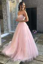 A Line Sweetheart Pink Corset Prom Dress with Appliques - £122.67 GBP