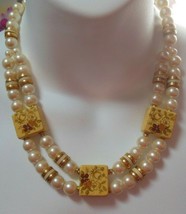 Vintage Signed Japan Gold Tone Faux Pearl Double Strand Floral Necklace  - £27.63 GBP