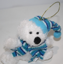 Hugfun Teddy Bear 5&quot; White Plush Santa Hat Blue Scarf Soft Toy Ornament ... - £10.02 GBP