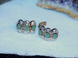 STERLING Gold 2.00ct 6 Emerald 2 Diamond HOOP EARRINGS Vintage 1/2&quot; 7.2G... - $69.29