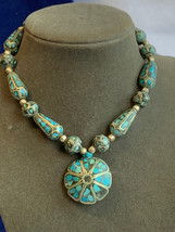 Vtg Turquoise Necklace 26&quot; Fashion Jewelry Handmade Hand-Knotted Artisan - £23.75 GBP