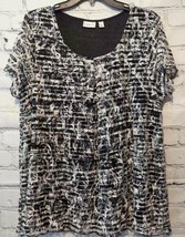 Kim Rogers Womens Tunic Top Black Gray Floral Flutter Sleeve Lined Stretch L - £4.50 GBP