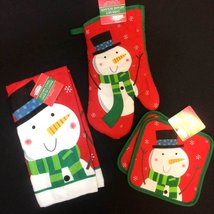 Holiday Snowman Hand Towel Pot Holder Oven Mitt Christmas Kitchen Decoration-SET - £7.64 GBP