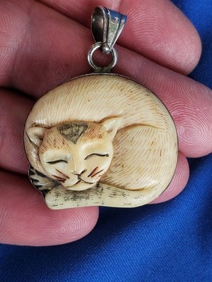 Carved VERY LARGE 15 Grams Original CAT Hand made 925 Sterling Silver Pendant Item image 11