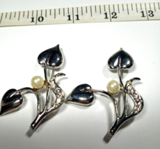 Vintage Silver Color &amp; Rhinestones,Faux Pearl PAIR of Stylized Flower Brooches - £14.37 GBP