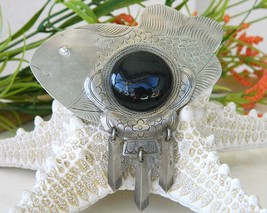 Vintage Fish Brooch Pin Black Cabochon Large Mexico Silver Etched - £15.99 GBP