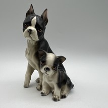 Vtg French Bulldog Porcelain Figurine Mother Puppy Black White 5.5&quot; Hand Painted - $23.36