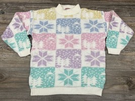 Vintage Spunky Sweater Pastel Snowflakes Mock Neck Acrylic Made In USA S... - $20.79