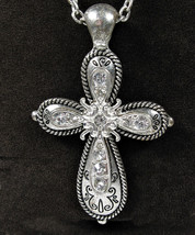 Rhinestone CROSS Pendant Vintage NECKLACE Silvertone Christian Jewelry 18&quot; - £16.60 GBP