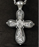 Rhinestone CROSS Pendant Vintage NECKLACE Silvertone Christian Jewelry 18&quot; - $20.78