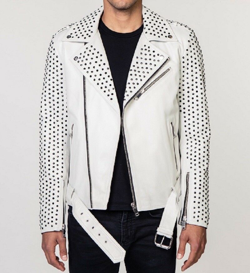 Men's Genuine Leather White Brando Style Full Arm Studded Biker Belted Jacket