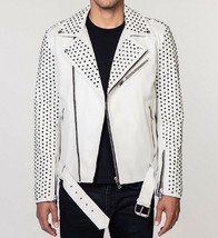 Men&#39;s Genuine Leather White Brando Style Full Arm Studded Biker Belted Jacket - £208.32 GBP