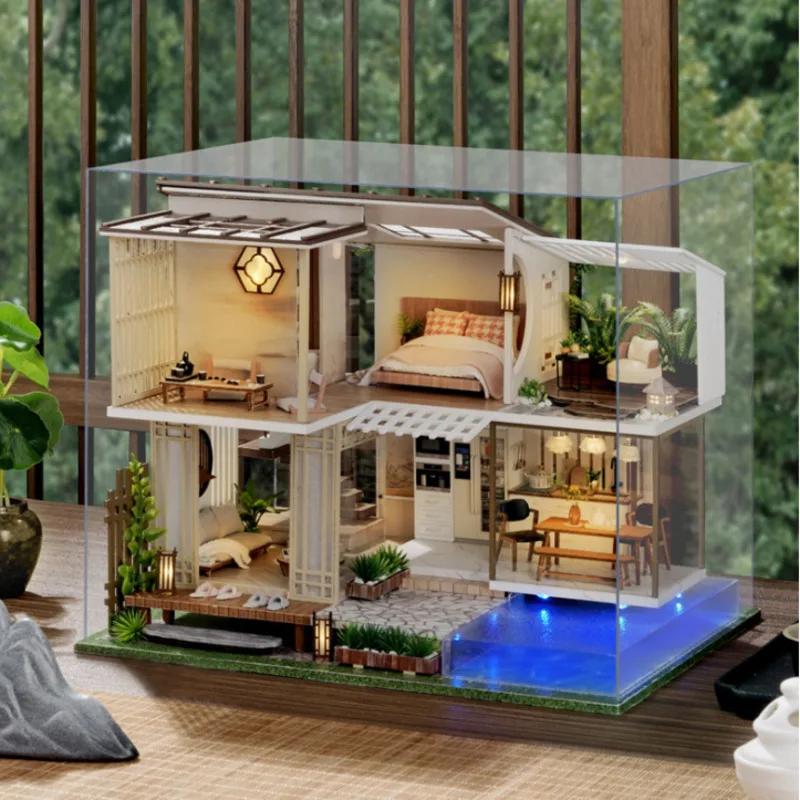 New Wooden Doll House Kit Miniature with Furniture Swimming Pool Modern Loft - £54.33 GBP+