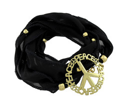 Zeckos Black Beaded Ribbon Gold Tone Peace Sign Wrap Bracelet - £11.10 GBP