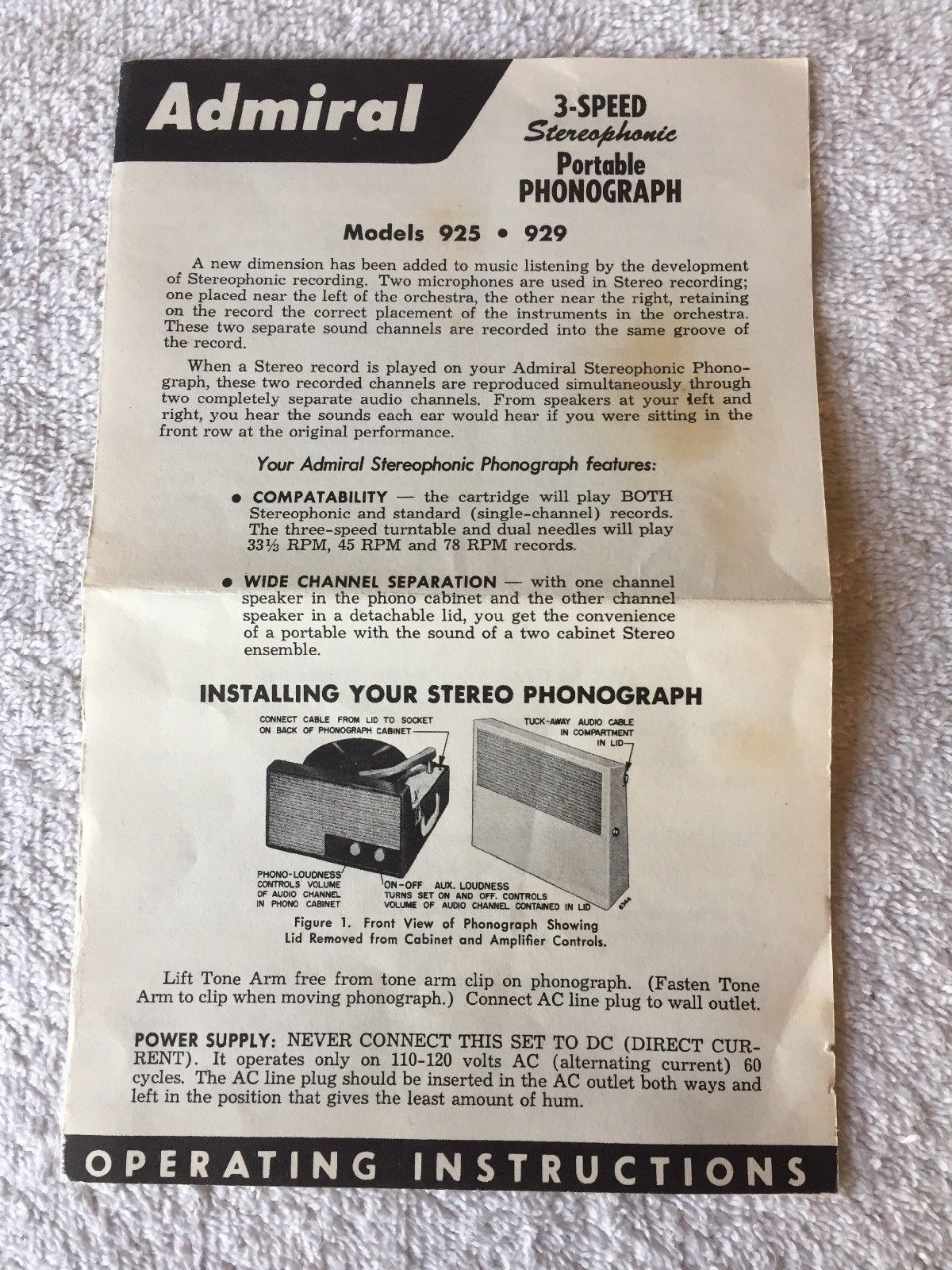 Admiral 925 & 929 3-Speed Stereophonic Portable Phonograph Operating Instruction - $7.42