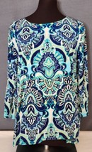 Chicos Womens Paisley Flowy Tunic Top Size L 2 Bell Long Sleeve Polyester  Blue - £15.65 GBP