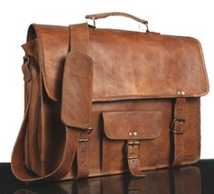 Vintage Leather messenger Real satchel bag genuine 15&quot; Laptop brown briefcase - £43.16 GBP