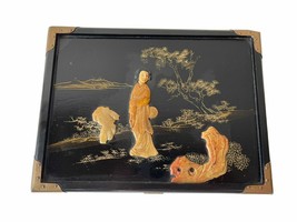 Oriental Jewelry Box Black Lacquer Shoushan Stone Geisha Brass Wood Mirr... - $78.38