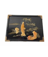 Oriental Jewelry Box Black Lacquer Shoushan Stone Geisha Brass Wood Mirr... - £61.67 GBP