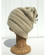 Beige Knit with Tiny Sequin High Bun Ponytail Beanie Hat Adjustable Stri... - £7.44 GBP