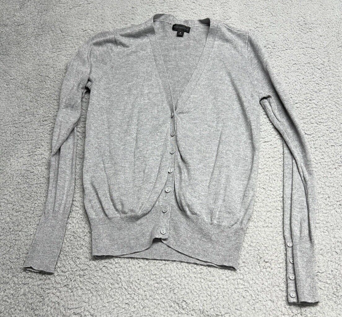 Worthington Gray Sweater Medium V-Neck Cardigan Buttons On Sleeves Knit ... - $11.12